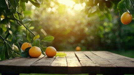 Orange grove background with wooden table and scattered citrus fruits, warm natural lighting
