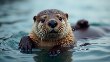 Cute Otter Swimming in Water Close-up