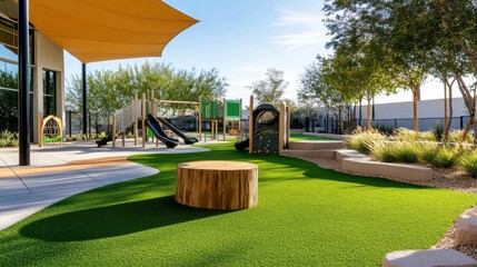 Outdoor playground with synthetic grass and fun play structures under clear skies