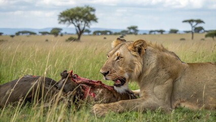 Dangerous hungry  lion eating meet in forest 