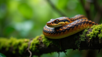 Fototapeta premium Cat-Eyed Snake Coiled On Mossy Branch