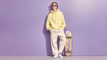 Stylish streetwear ensemble featuring a yellow hoodie and cream pants.