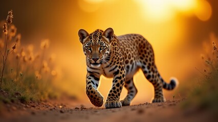 Jaguar Walking On Trail During Sunset