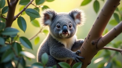 Fototapeta premium Cute Koala Bear Climbing Branch Outdoors