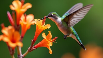 Fototapeta premium Hummingbird Feeds On Orange Flowers-Close Up