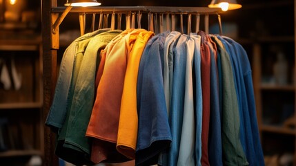 Obraz premium Row of jeans in casual fashion shop, organized by color and size, warm lighting accentuates denim tones