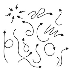 Hand drawn arrows and sketch doodle style curved arrows collection flat vector illustration.