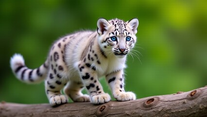 Cute Snow Leopard Cub On Log