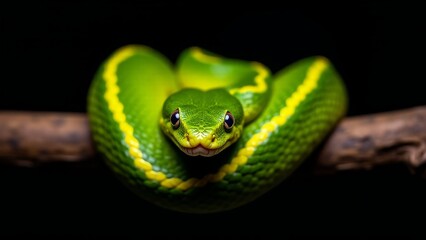 Fototapeta premium Vogel's Green Pit Viper Coiled On Branch