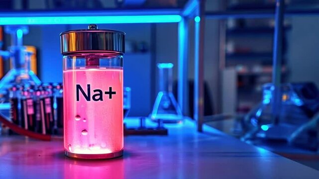 Bright Na+ battery glows inside lab setting showing science and energy from sodium ion batteries, na ion battery testing, and advanced technology progress