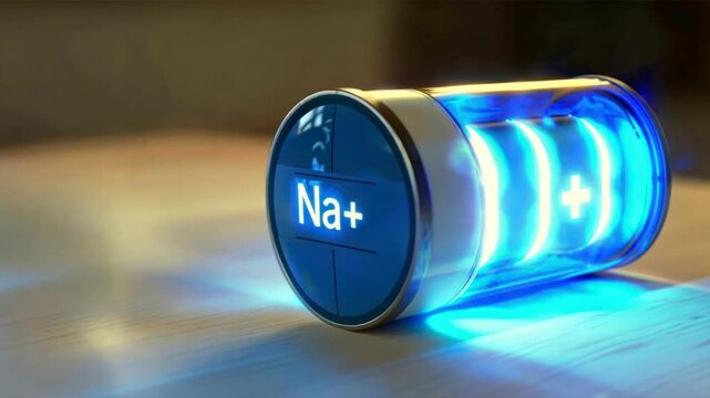 Blue and white battery with Na+ text displays clean energy concept in sodium ion batteries, na ion battery use, and eco friendly advanced technology
