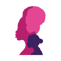 Women silhouette from various ethnicities for equality, women awarness. Women head vector illustration.	