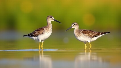 Fototapeta premium Pair Of Wood Sandpipers Wading In Water