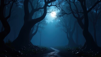 Dark enchanted forest at night, deep shadows, moonlight filtering through twisted trees, misty atmosphere, rich blue and black tones, high contrast, ultra-detailed, photorealistic background, 8k resol