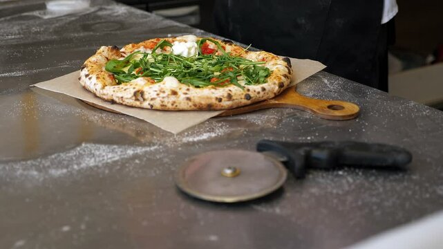 Close-up of a chef putting stracciatella cheese on a ready freshly baked pizza in an Italian pizzeria.