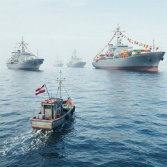 Fototapeta premium A small boat in front of a fleet of huge ships.