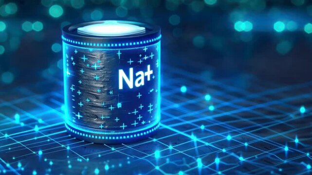 Futuristic Na+ battery shines on digital blue background showing smart power from sodium ion batteries, na ion battery systems, and advanced technology