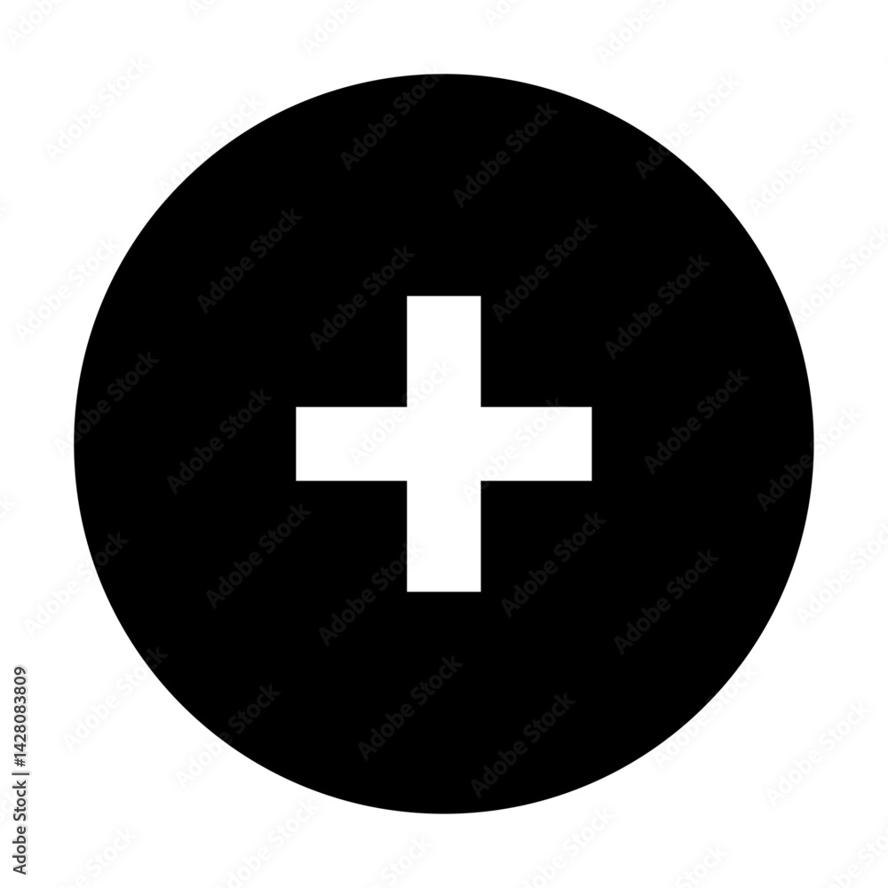 Poster a black circle containing a white plus sign centered within it, simple graphic representation design