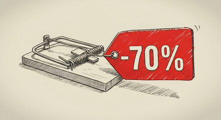 A tempting 70% discount in the form of bait in a mousetrap symbolizes the danger of impulsive spending and going beyond the monthly budget.