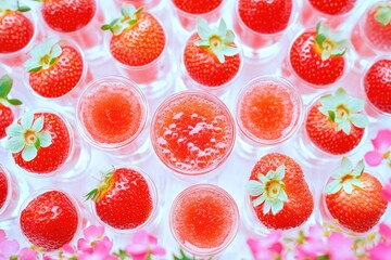 Strawberries in small glasses, vibrant red, delicate floral garnish