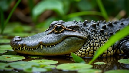 Fototapeta premium Alligator Resting In Water With Lilypads