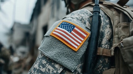 Fototapeta premium Soldier's arm in focus, showcasing American flag patch on a crisp uniform, symbol of duty and patriotism