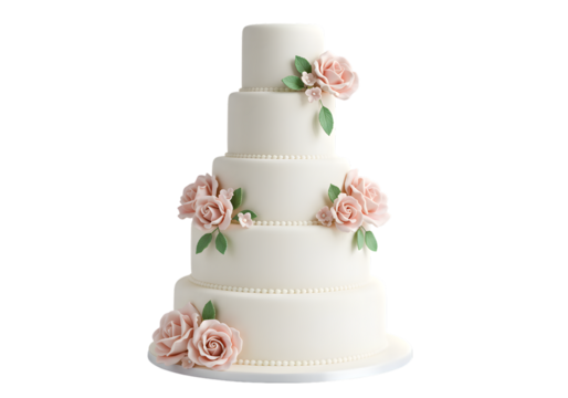 Elegant White Wedding Cake with Pink Roses transparent background - Powered by Adobe