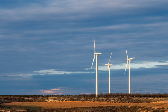 Group of wind turbines standing against pale sky and warm terrain. Horizontal layout with symmetry, color harmony and sustainable energy emphasis.