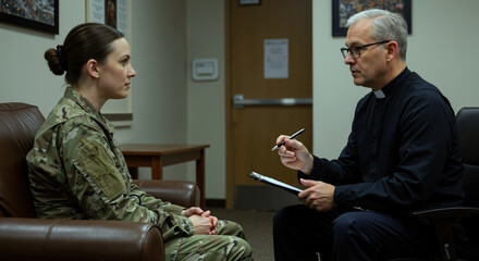 Female soldier in military uniform speaking with priest chaplain in counseling office. Military pastoral care. Mental health support, guidance, emotional counseling services. Confidential assistance
