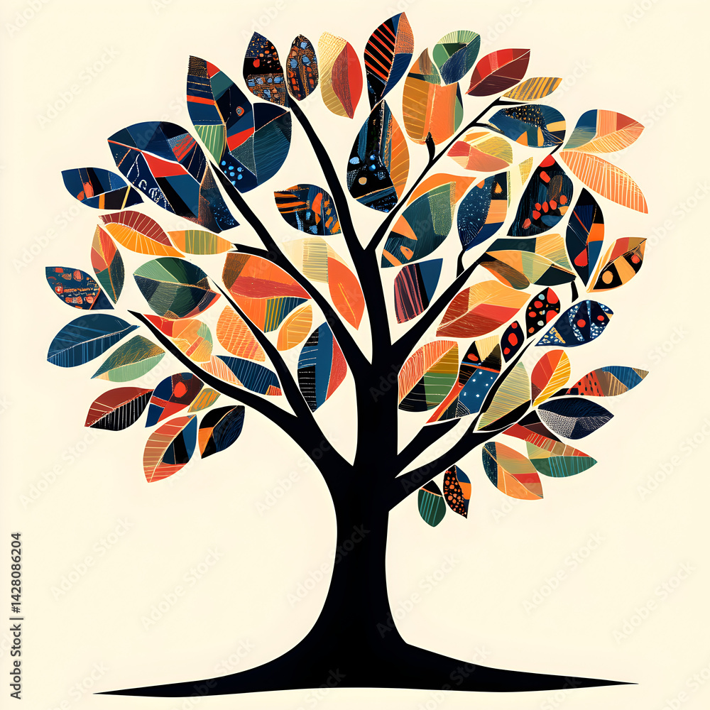Poster vibrant tree: a stylized representation of a tree in full bloom, its branches adorned with colorful,