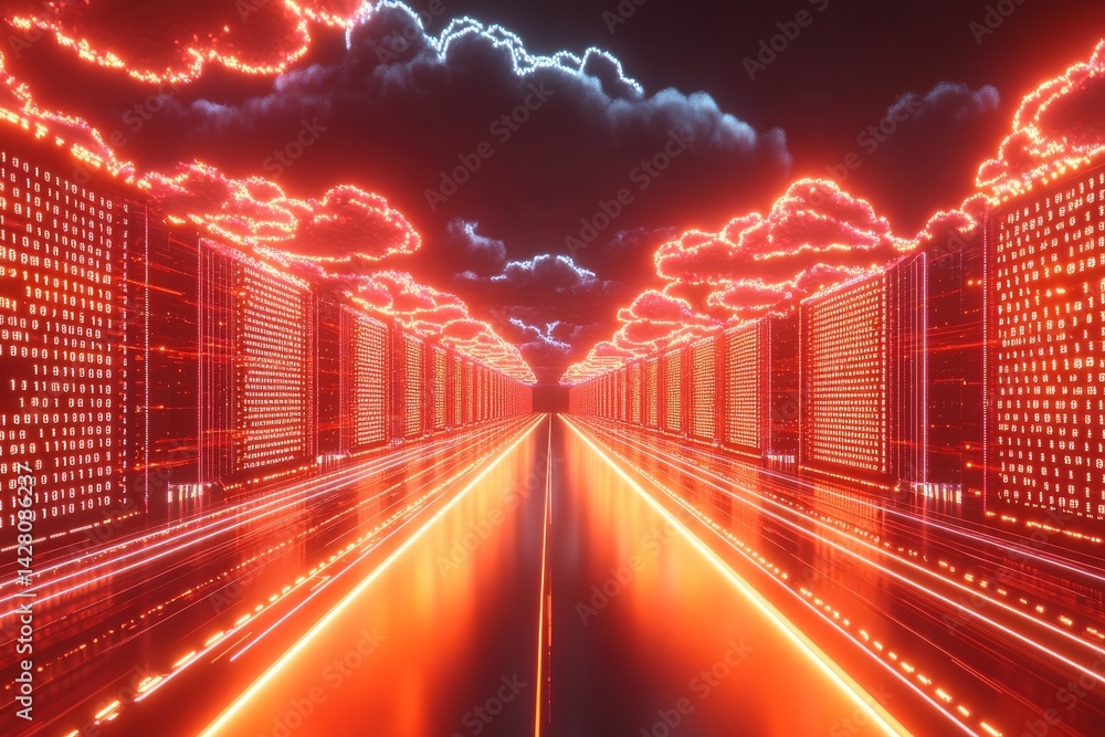 Poster a sleek server cabinet embodying modernity and high technology, recognizable by its glowing cloud em
