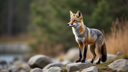 Fototapeta premium Alert Fox Standing On Rocky Hill
