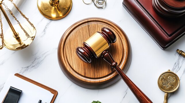 A gavel on a wooden block, surrounded by legal symbols and items on a marble surface