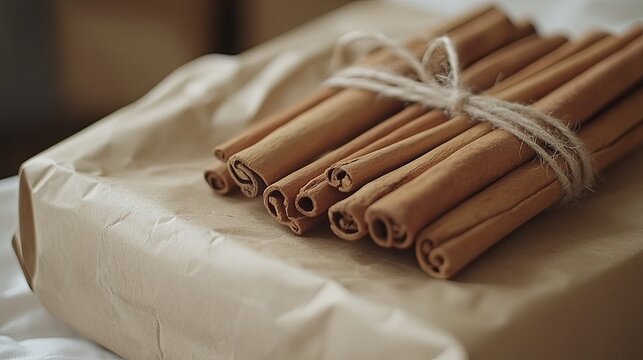 Kraft paper gift wrapping with twine and cinnamon sticks for Mother's Day .