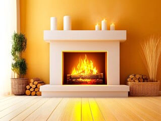 Cozy Living Room with Fireplace and Burning Fire, White Mantelpiece, Wooden Floor, Plants, Candles