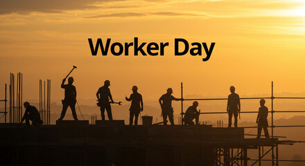 Fototapeta premium Worker day. Silhouette of construction workers on a building site during sunset