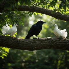 Obraz premium White doves and a black raven on the same branch.