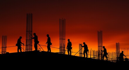 Silhouette of construction workers on a building site during sunset