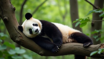 Obraz premium Giant Panda Resting on Tree Branch