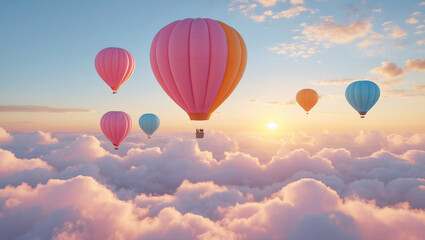 Fototapeta premium Surreal Balloons Floating Above Clouds at Sunrise in Pastel Colors – 4K