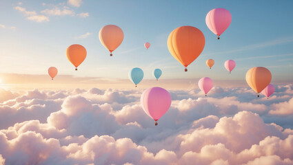 Fototapeta premium Surreal Balloons Floating Above Clouds at Sunrise in Pastel Colors – 4K