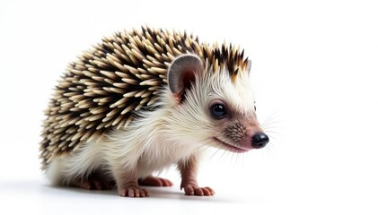 Fototapeta premium Single European hedgehog against stark white, focusing on quills, nature, mammal, european
