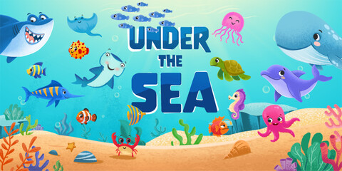 marine animals under the sea vector illustration banner