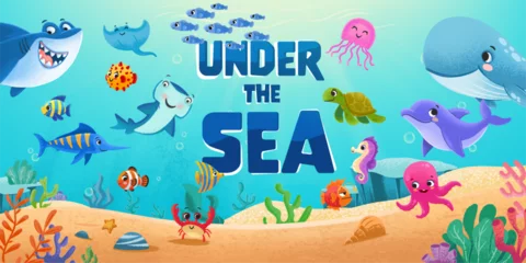 Fotobehang marine animals under the sea vector illustration banner © mollicart