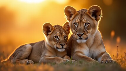 Obraz premium Two Lion Cubs At Golden Hour
