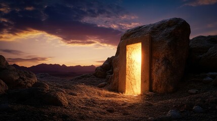 Timeworn stone doorway of tomb with glowing sky above, Valley of Kings scene