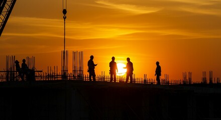 Silhouette of construction workers on a building site during sunset