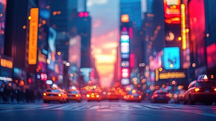 Blurred Sunset Over Times Square with Taxi Cabs and Bokeh Lights