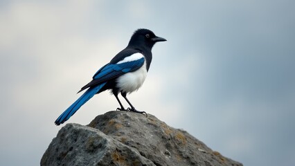 Naklejka premium Magpie Perched On Top Of Rock