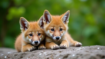 Fototapeta premium Two Golden Jackal Pups, Close Up
